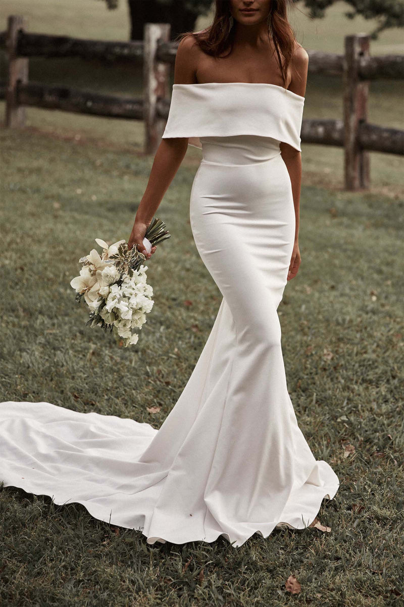 shoulder off wedding dress Plus Size Off Shoulder Wedding Dress with Flower Sleeves - Satin Wedding Dress with Side Slit and Corset Back