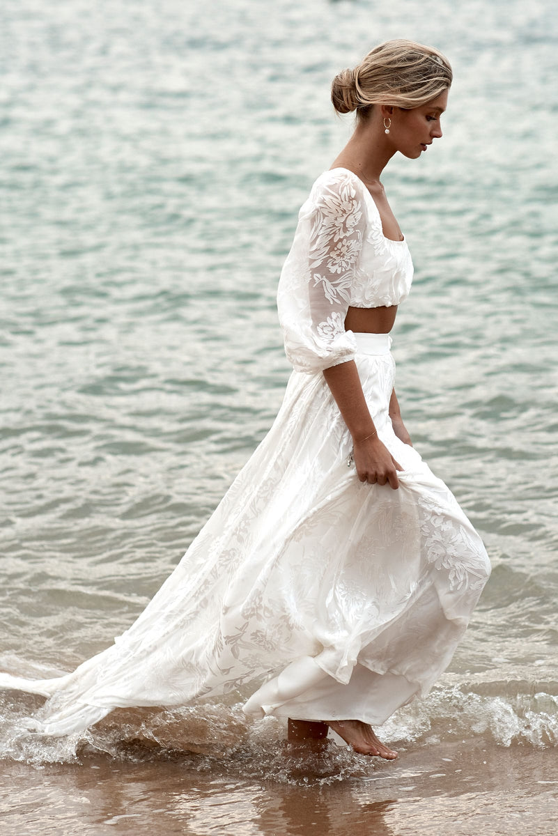 Beach Wedding White Lace Two Piece Dress Long Sleeve Lace Ivory Two Piece Tulle Boho Beach Wedding Dresses