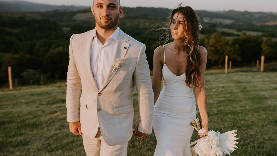 Joel & Jess in the Clo Crepe & Pearly Long Veil