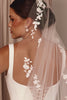 Bride wearing a white wedding dress with a floral veil and pearl earrings