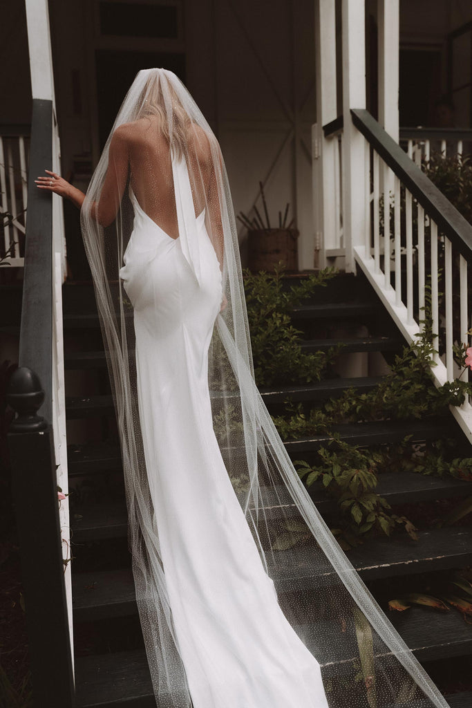 Bride wearing Goldie gown while walking up stairs