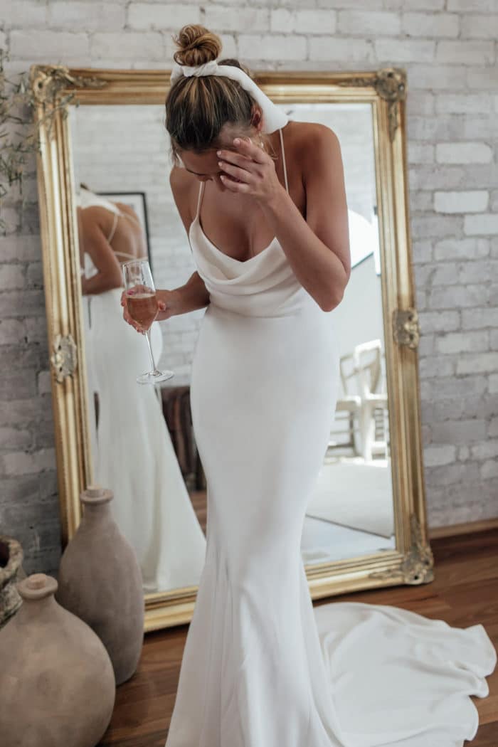 flowy silk wedding dress Riviere Sample Gown