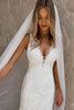 A woman wearing a V-neck lace wedding dress and veil.
